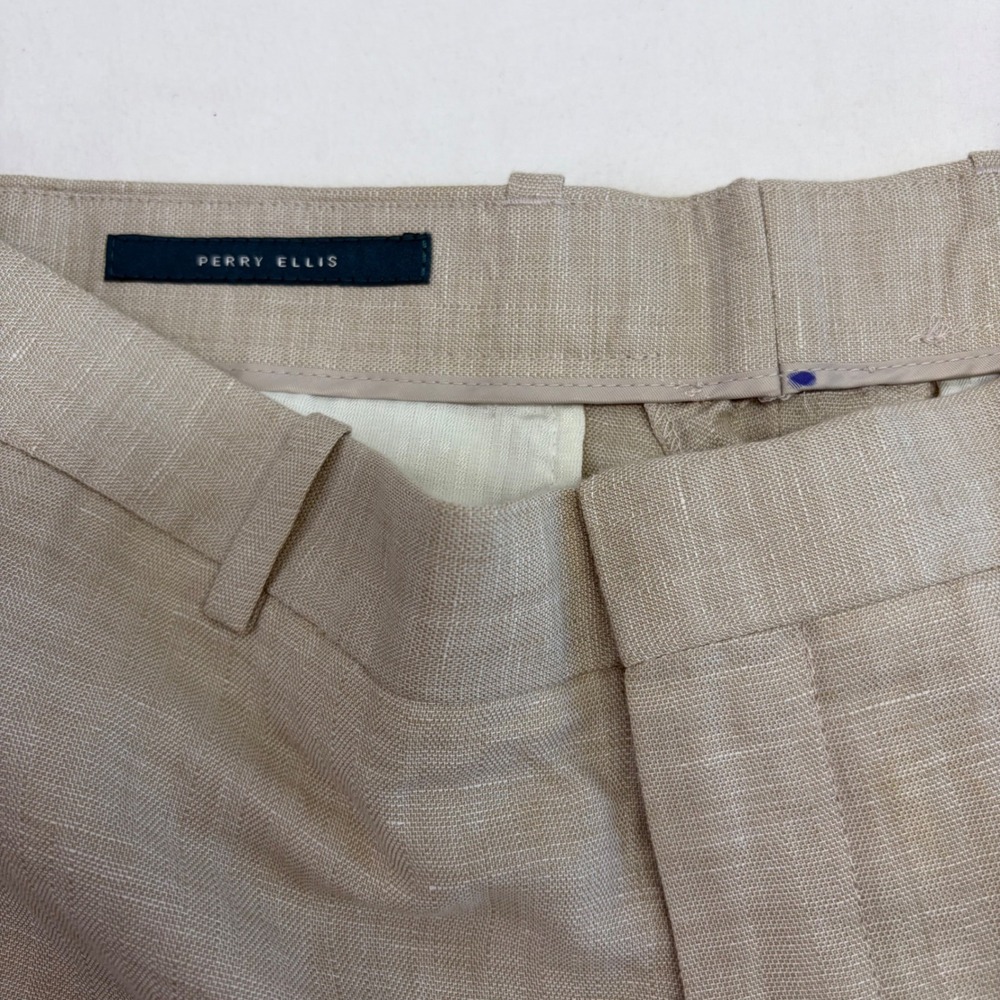 New Perry Ellis Portfolio Linen Pants Mens 32x30 Beige Flat Front Dress Trousers - Picture 6 of 12